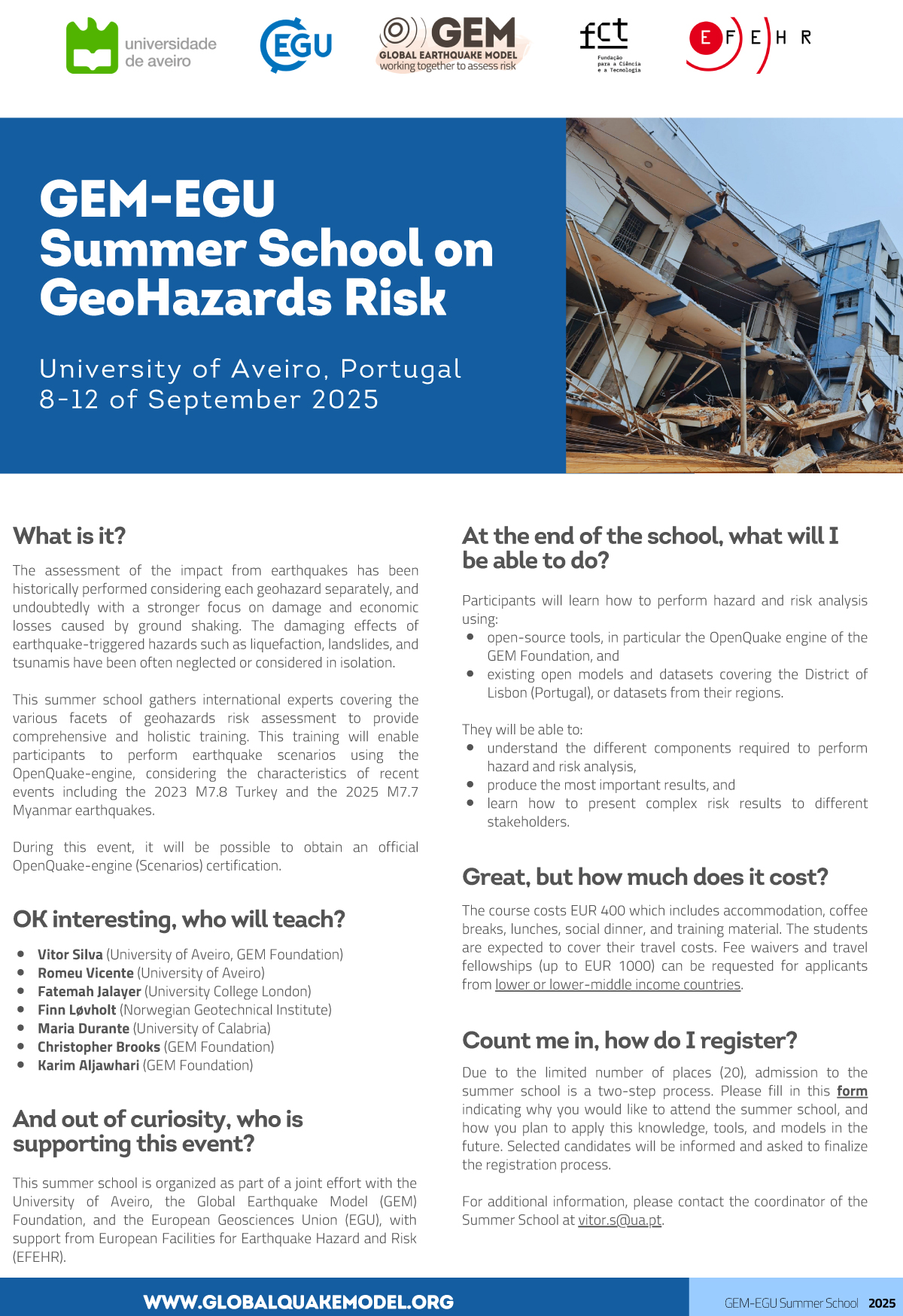 Registration open for the GEM-EGU Summer School on GeoHazards, 8-12 September 2025